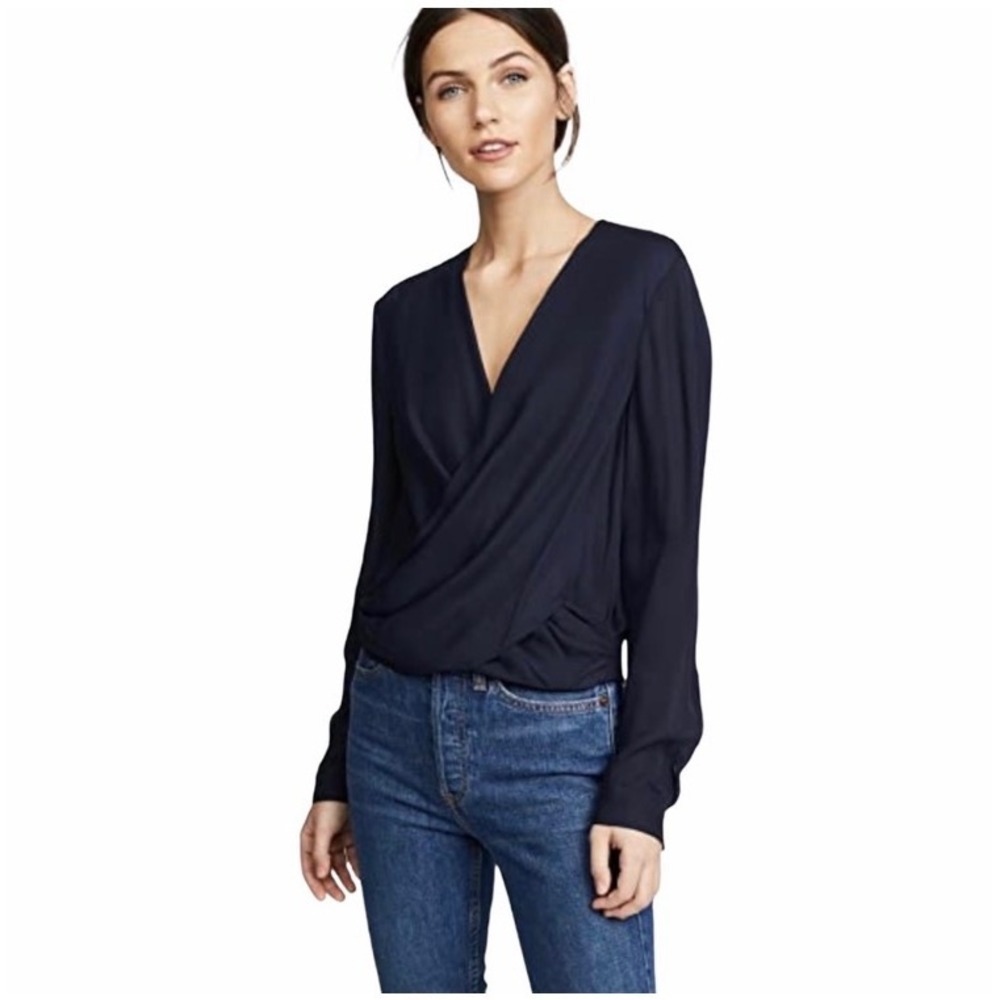 L'agence 100% silk navy blue long sleeve blouse‎ faux wrap women's size medium